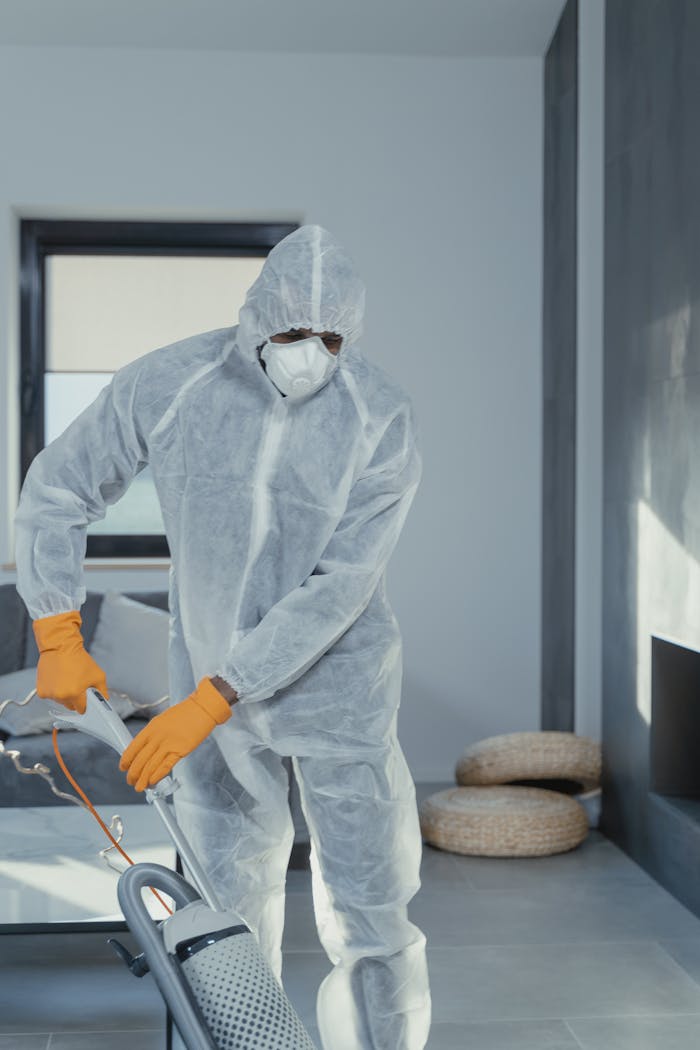 A Person in a Coverall Using a Vacuum Cleaner